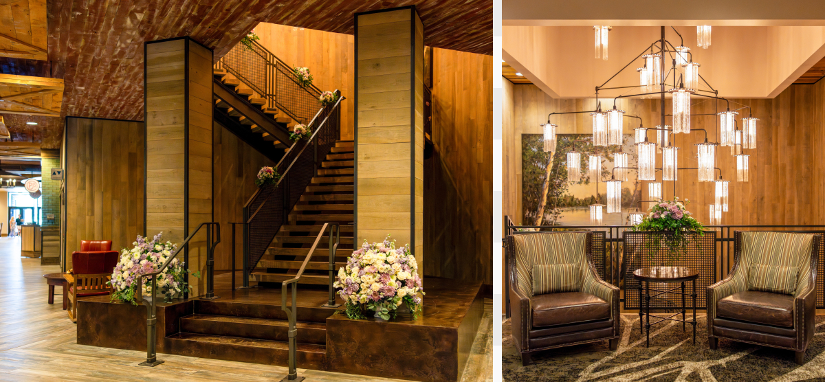 Split image: Grand wooden staircase with flowers; seating area with armchairs and chandelier.