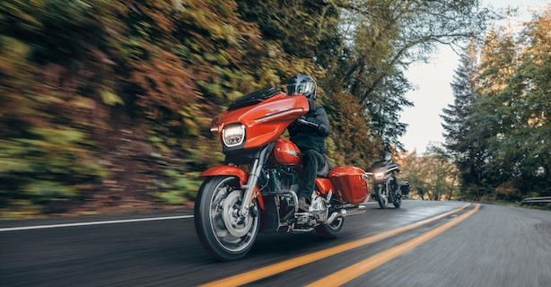 Two motorcyclists on road with forest