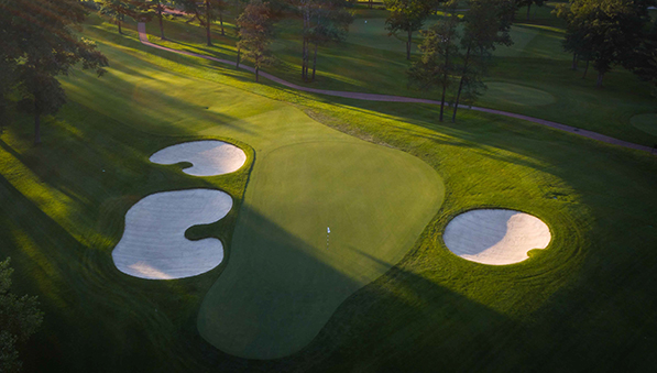 Aerial view of a green on the SentryWorld golf course