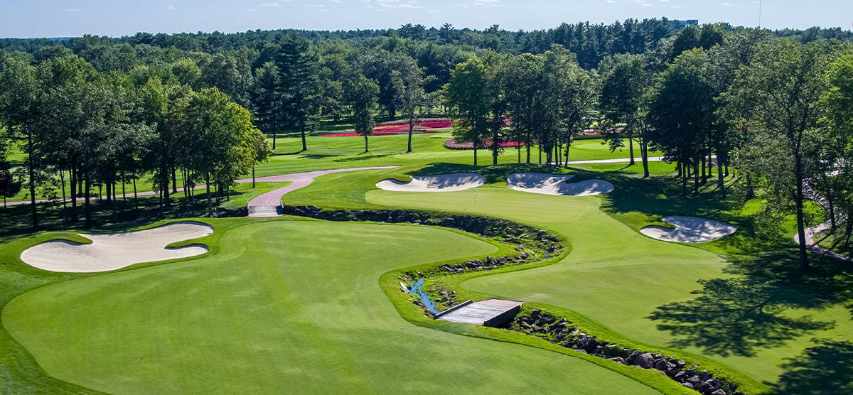 Aerial view of the ninth hole fairway at SentryWorld