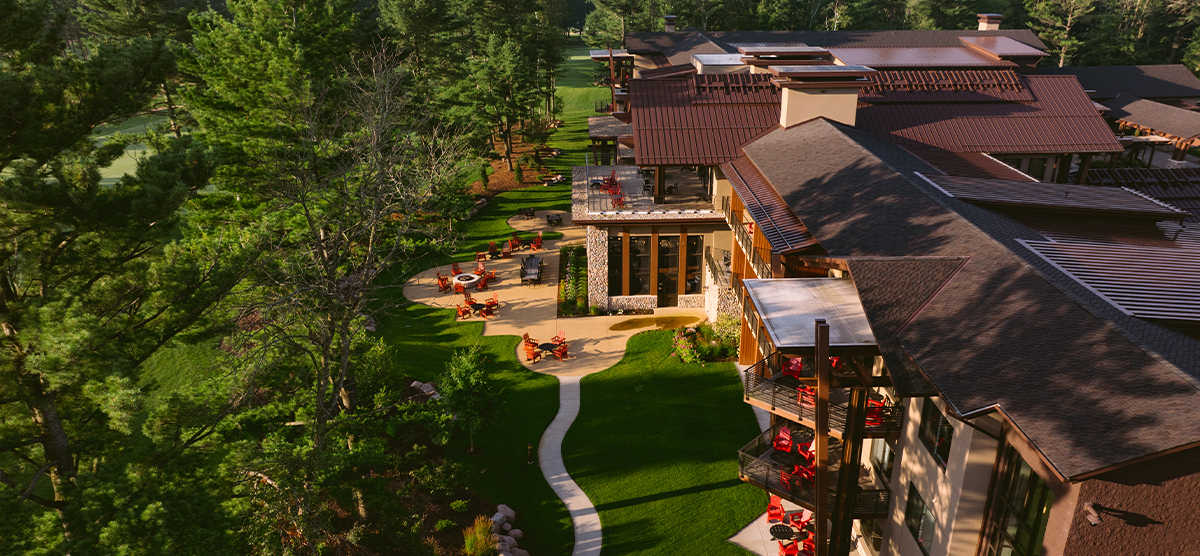 The back patio area of The Inn at SentryWorld from above.