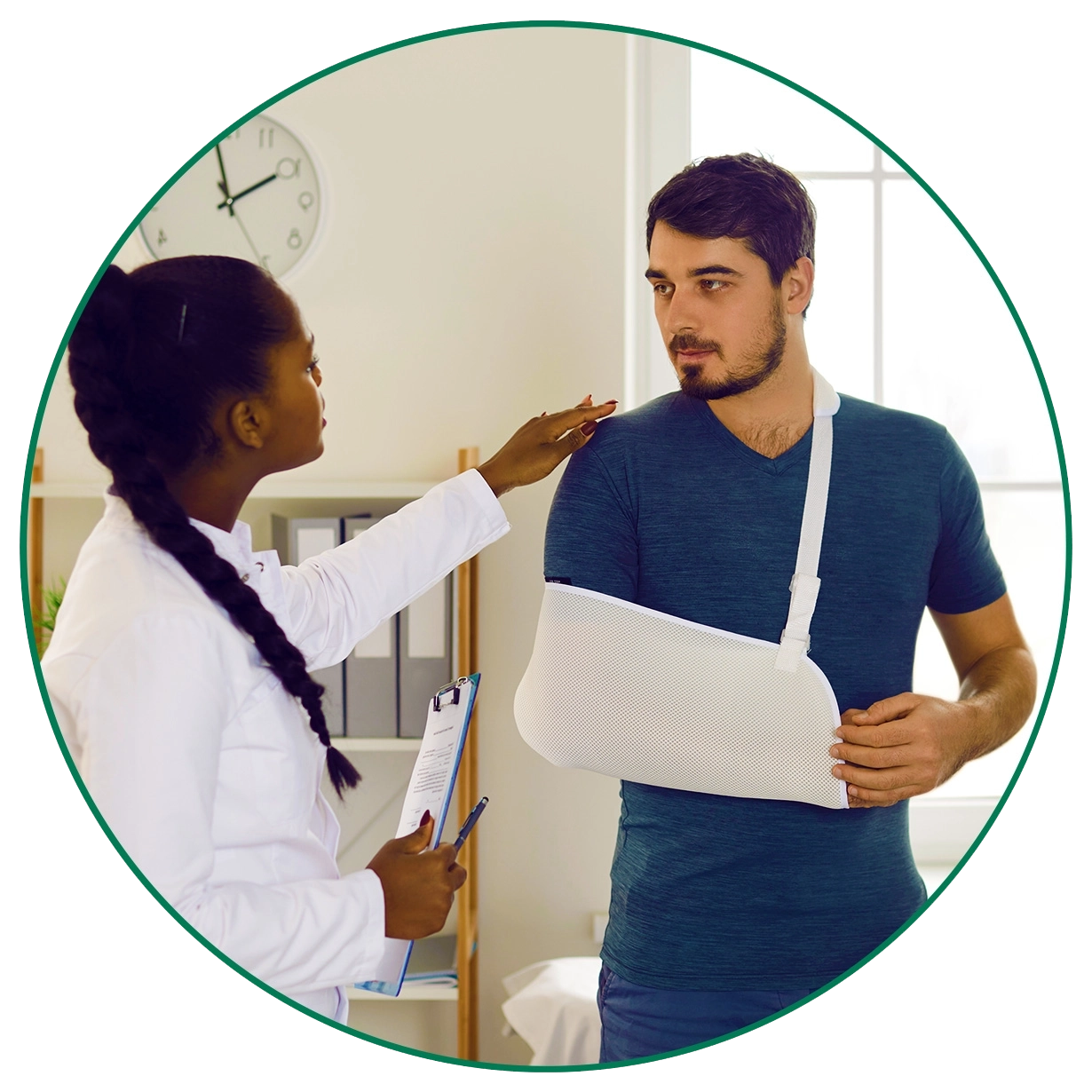 man-with-doctor-LG doctor examining a person with their right arm in a sling