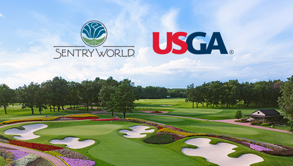 The SentryWorld flower hole, hole 16, with SentryWorld and USGA logos. 