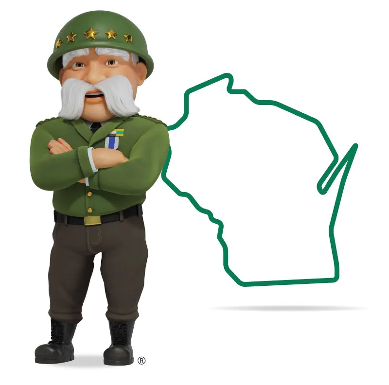 wisconsin-lockup The General standing in front of Wisconsin with his arms crossed and a smile.