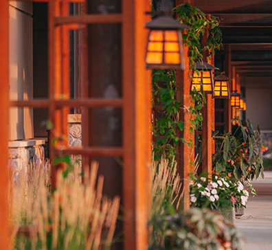 Lit walk way with metal latices and flower planters.