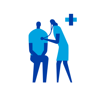 A doctor monitoring a patients vitals with the health symbol