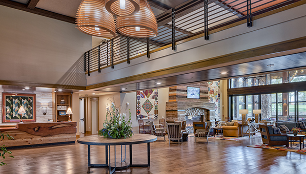 The Inn front desk and living room area