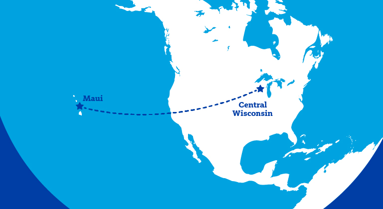 Blue colored map highlighting Maui, Hawaii and Central Wisconsin in North America