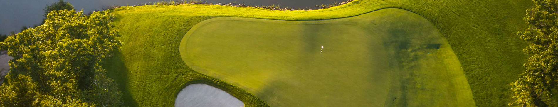 Aerial view of a putting green next to a water hazard and a sand trap