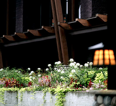 Lamp and floral arrangements along the entryway to SentryWorld