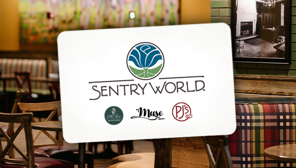 Image of PJ's restaurant behind a larger gift card image. 