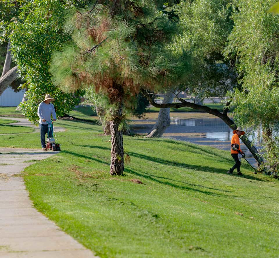 Two lawn workers near river