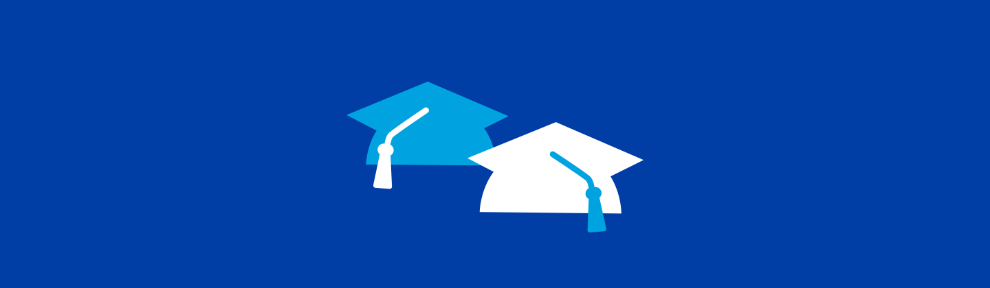 Two graduation cap icons on blue background