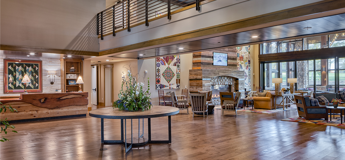 The Inn check in area and living room. 
