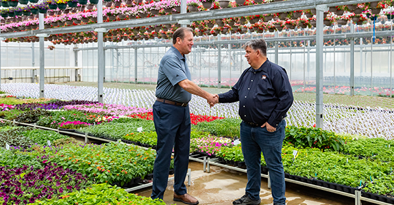 Two people shaking hands in a greenhouse