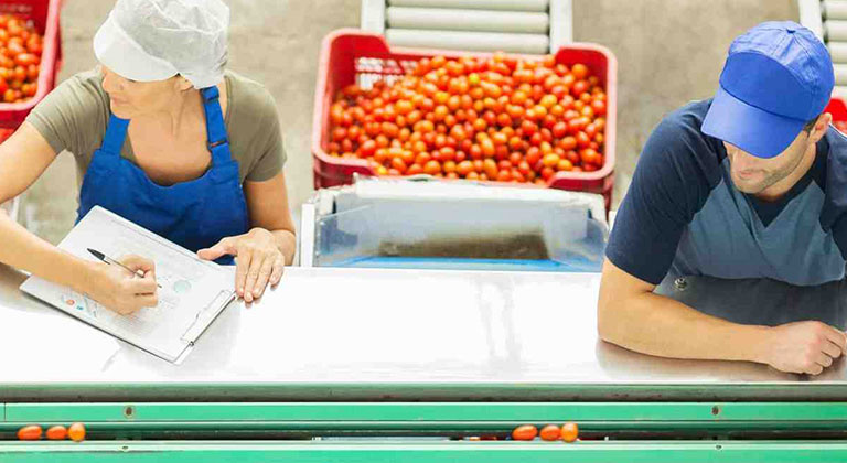 Two coworkers working on food assembly line.