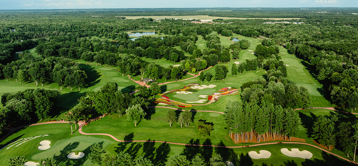 Aerial view of SentryWorld golf course. 