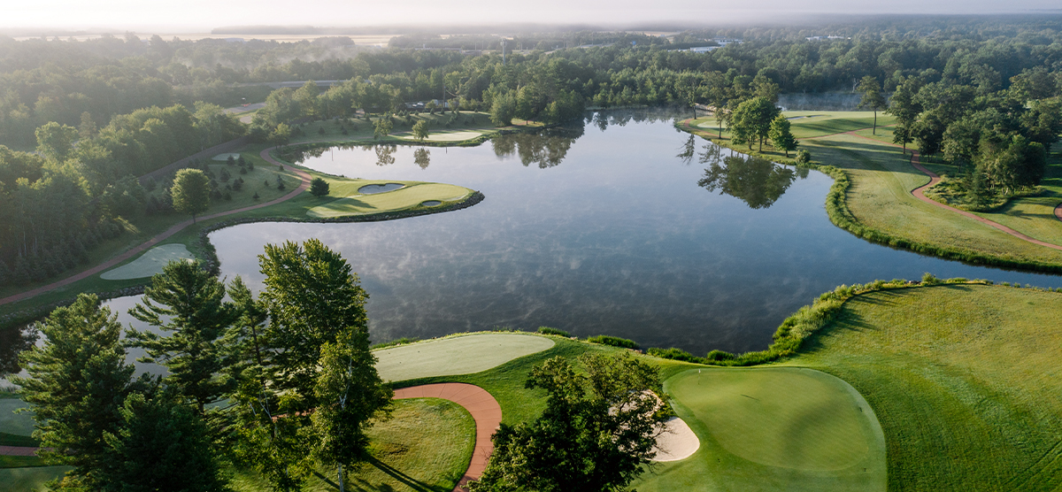 Aerial view of the water hazard next to the twelfth hole at SentryWorld