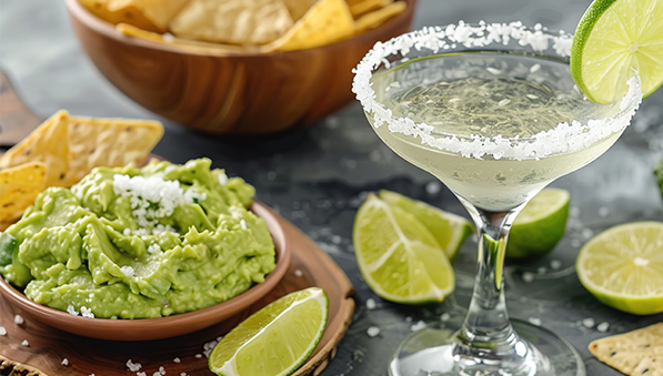 Margarita in a glass with lime slices next to a bowl of chips and guacamole