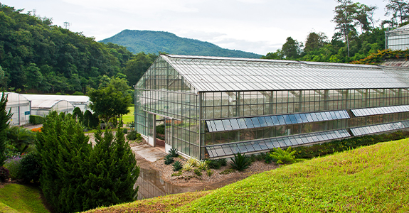 Property with a greenhouse amongst trees and mountains