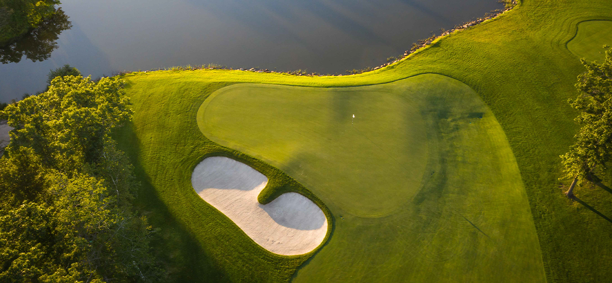 Aerial view of the putting green on the third hole at the SentryWorld golf course