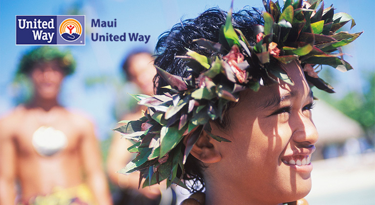 Maui United Way logo with person wearing a haku