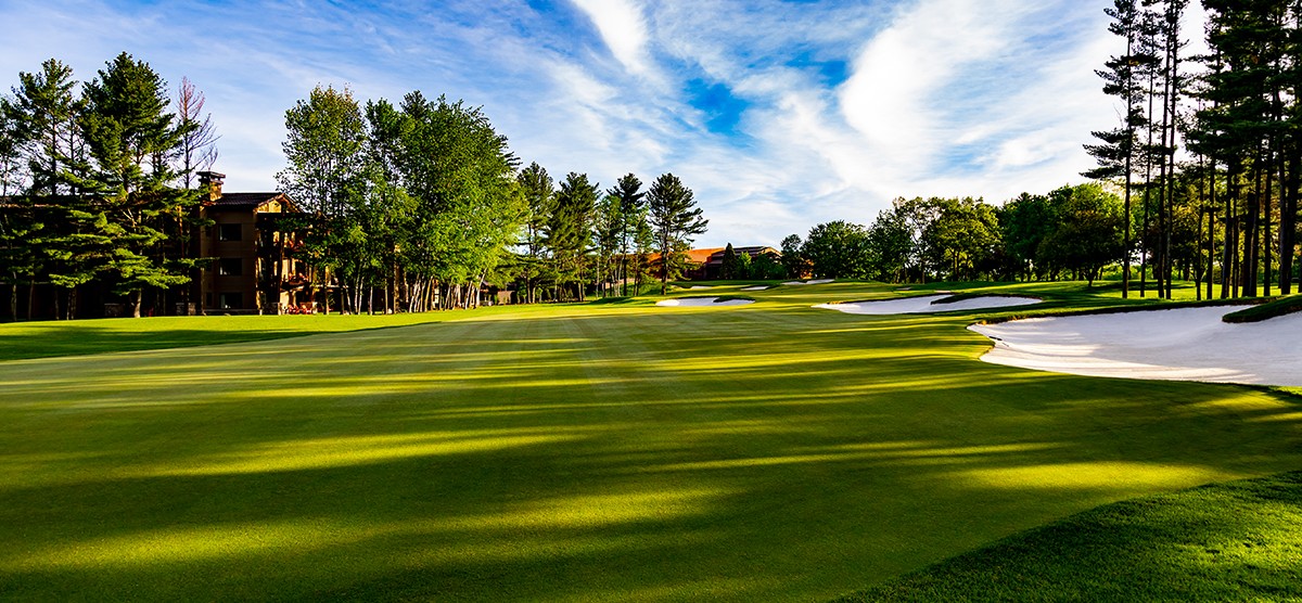 Eighteenth hole fairway and sand traps at the SentryWorld golf course