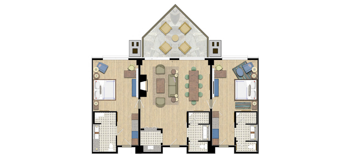 carousel-executive-king-suite-2br-10-1200x556 Floor plan illustration of a two room suite.