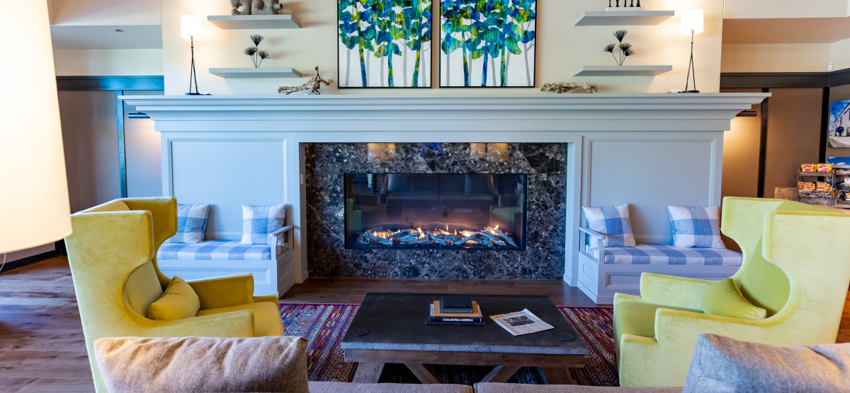 Executive lounge fireplace sitting area. 
