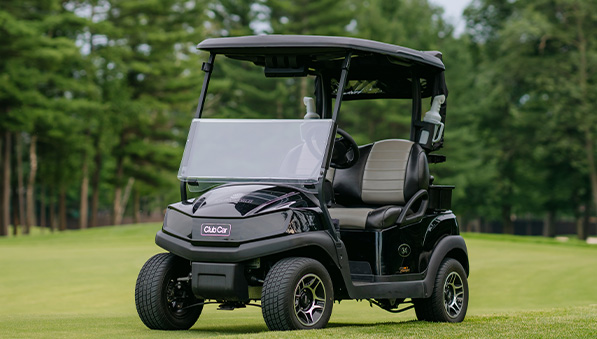 Golf cart parked at the SentryWorld golf course