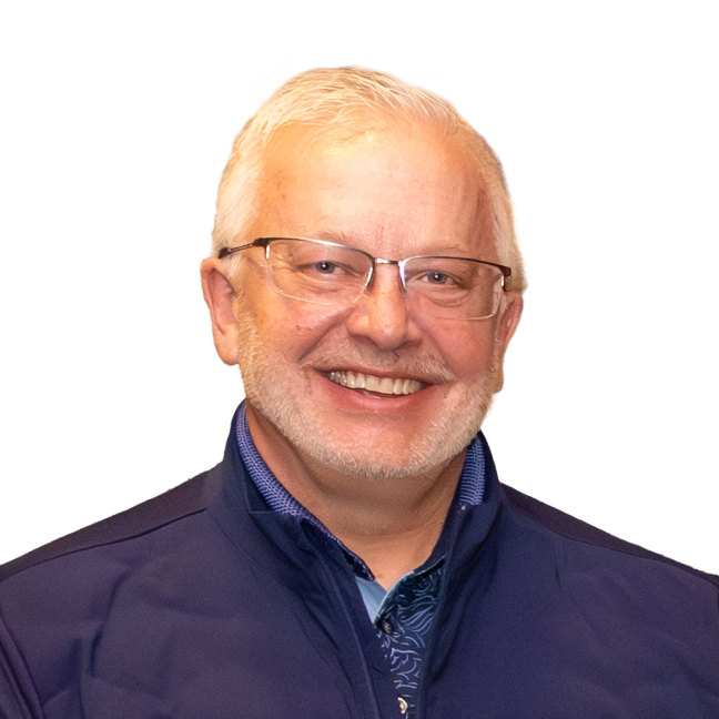 Older male with glasses and a dark blue jacket. 