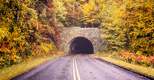 A road leading into a mountain tunnel in autumn on the Blue Ridge Parkway