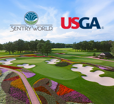 Flower Hole at SentryWorld golf course with the SentryWorld and USGA logos.