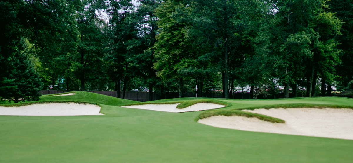 Golf hole green and sand traps. 