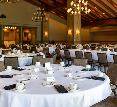 Grand Hall at SentryWorld set with tables for dining