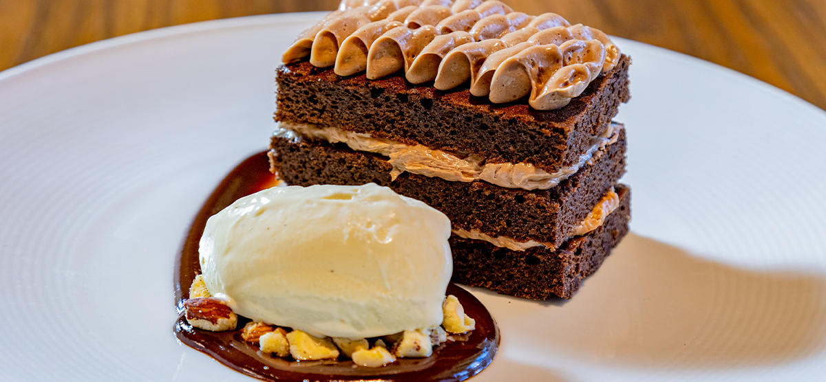 Chocolate cake and ice cream on a plate