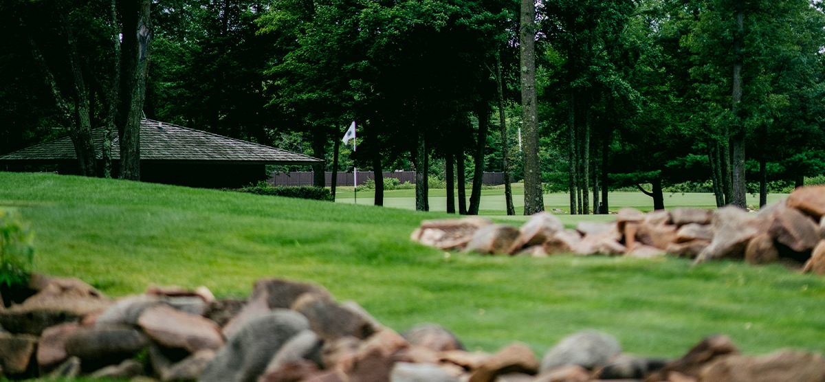 Fairway rock hazard off the second hole at the SentryWorld golf course