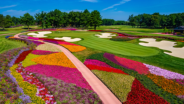 Flowers and cart path on hole 16 at the SentryWorld golf course