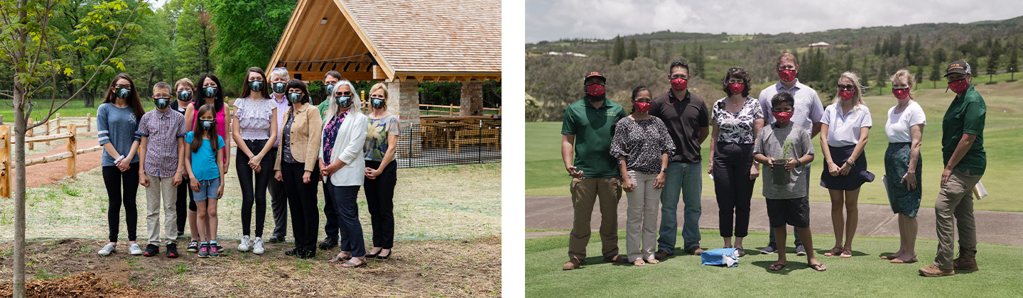 Two groups of people standing for a picture for a tree planting ceremony