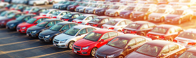 Dealership lot with parked sedans. 