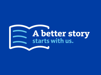 Dark blue background with a book illustration next to "A better story starts with us."