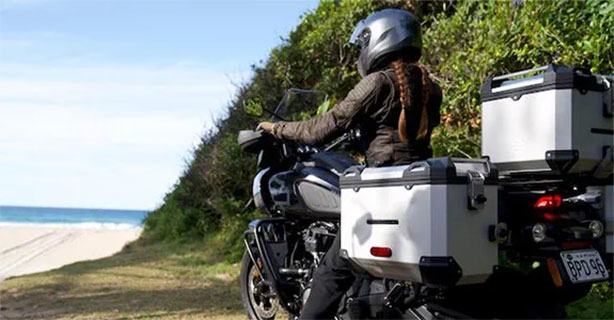 Person on a Harley-Davidson motorcycle looking at a beach.