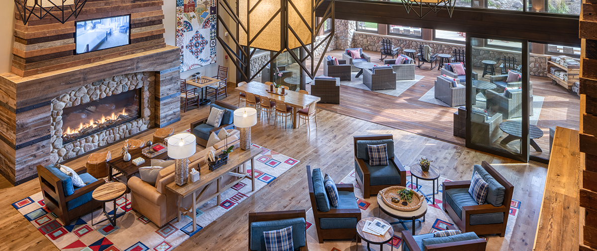 Aerial view of the seating area next to the back porch and fireplace at The Inn at SentryWorld