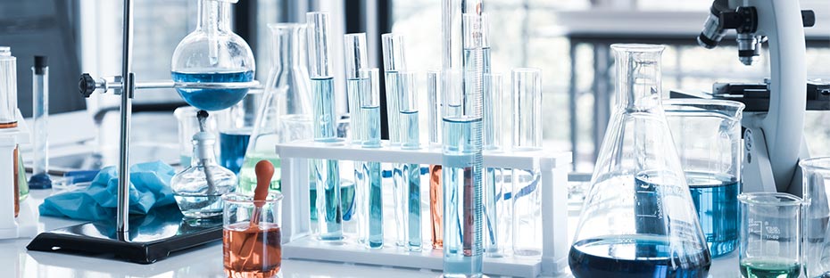 beakers and test tubes in lab