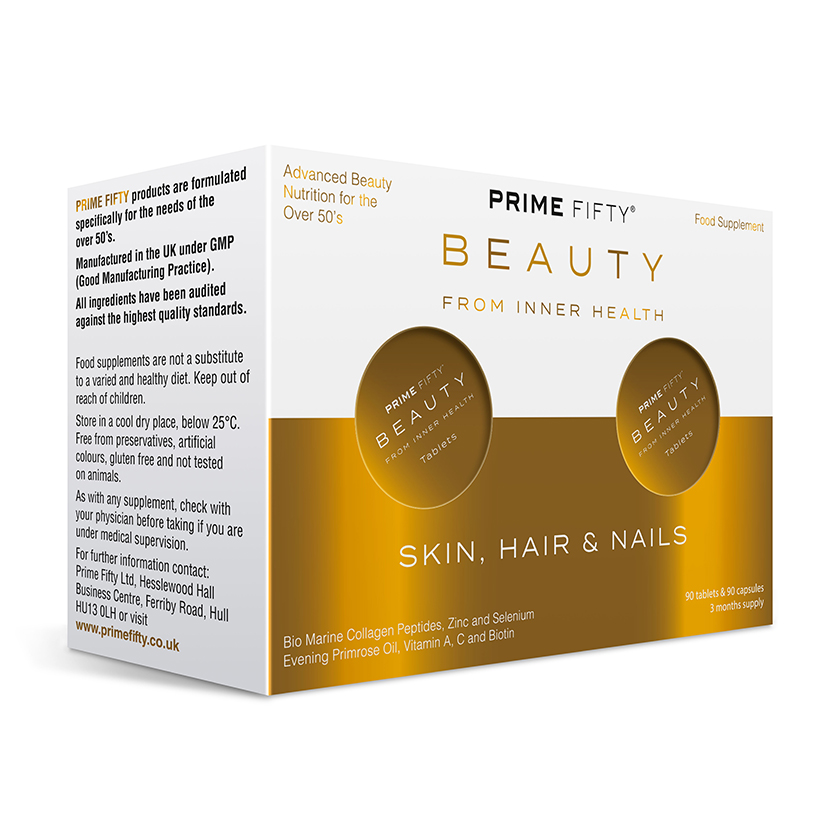 Skin, Hair & Nails+ Vitamins By Prime Fifty - Marine Collagen Peptides With Biotin & Retinol - Multi-Nutrient Formulation To Nourish From Within