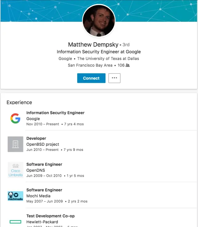 A screenshot of a person's LinkedIn profile. 