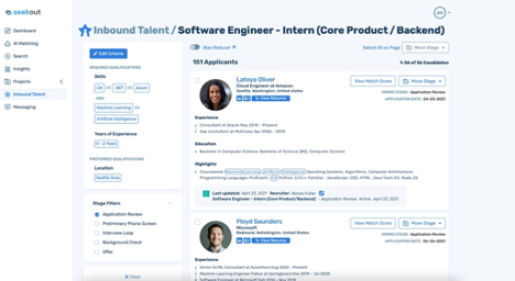 SeekOut application's Inbound Talent view. 