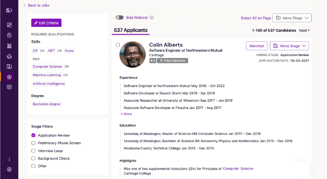 Screenshot of SeekOut's Applicant Review demonstrating a new user interface with a consolidated view of user inputs for job criteria on the left and candidate results for evaluation on the right, with a sample candidate Colin Alberts