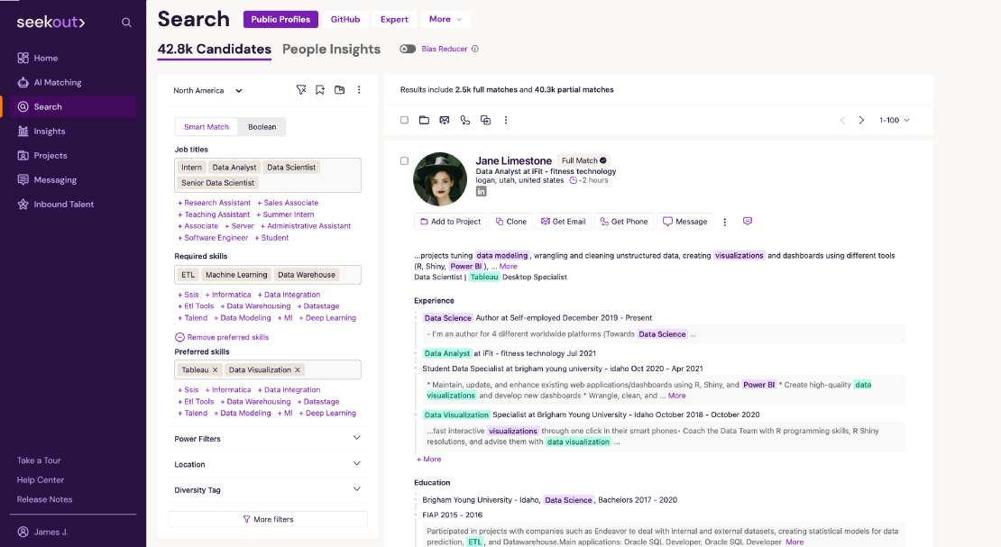 A screenshot of the SeekOut Smart Match user interface, showing the navigation menu on the far left, user inputs in the middle left, which include the job titles and required skills that the user selected for their search, and an example candidate profile, Jane Limestone, shown as a result of the search on the right.