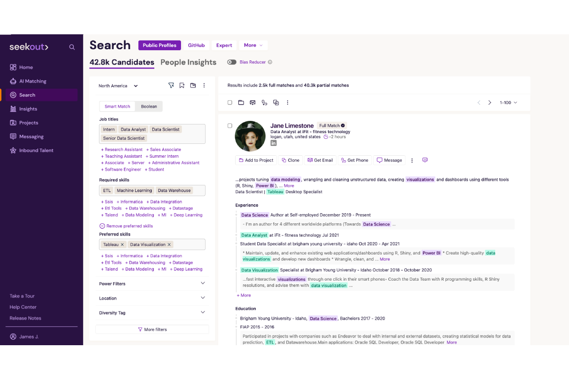 A screenshot of the SeekOut Smart Match user interface, showing the navigation menu on the far left, user inputs in the middle left, which include the job titles and required skills that the user selected for their search, and an example candidate profile, Jane Limestone, shown as a result of the search on the right.